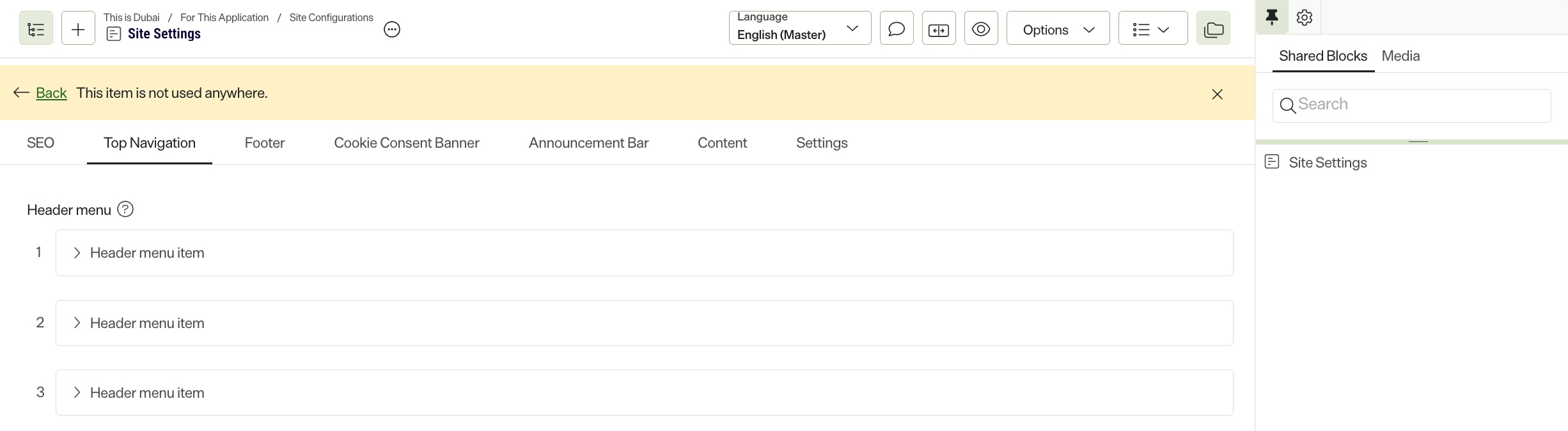 Optimizely SaaS CMS Site Settings item with Top Navigation, Footer, Cookie Consent Banner, and Announcement Bar as tabs, isolated from the page component picker