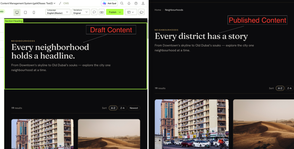 The CMS preview pane with the page still in Draft. This is the built-in author preview.