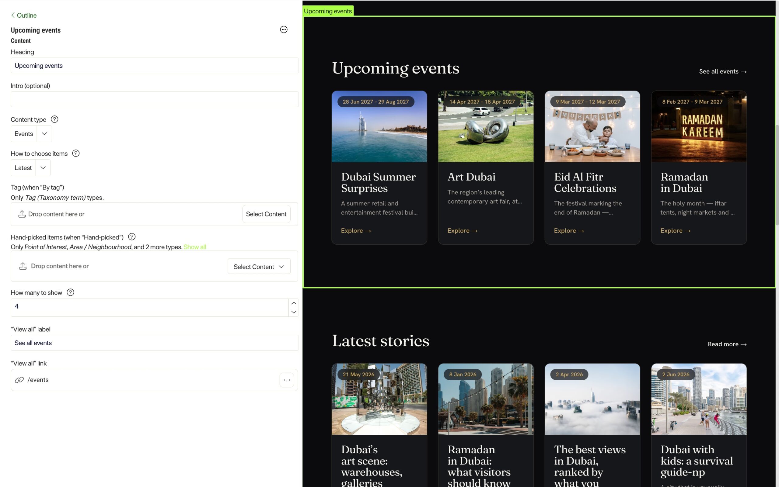 A CMS editor showing a content listing component with Heading, Content type, How to choose items, Tag, Hand-picked items, How many to show, and View all fields, next to the rendered row of event cards
