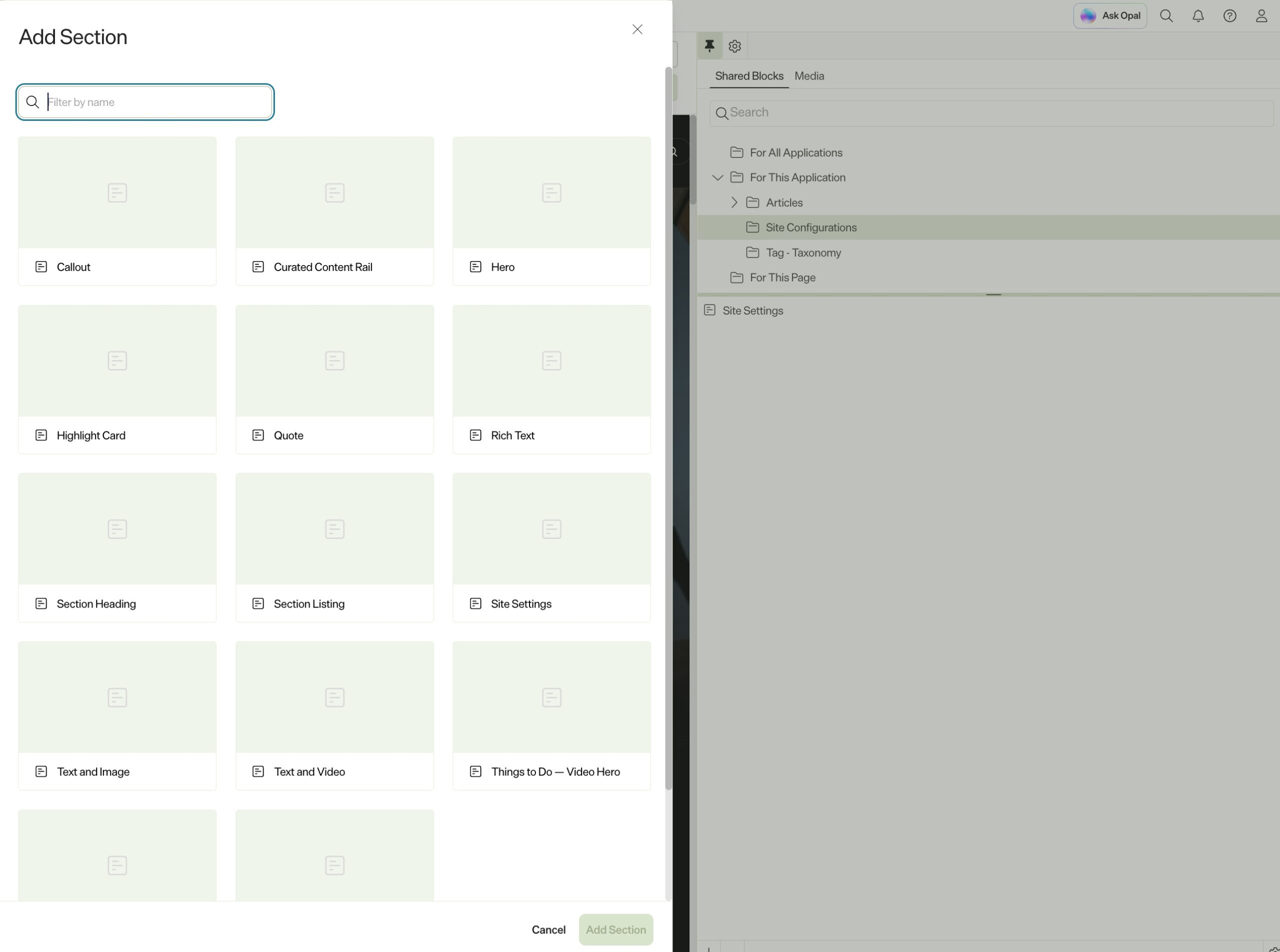 Optimizely SaaS CMS Add Section component picker listing content blocks with clean author-first names: Rich Text, Two Column Text, Text and Image, Text and Video, Quote, and Callout