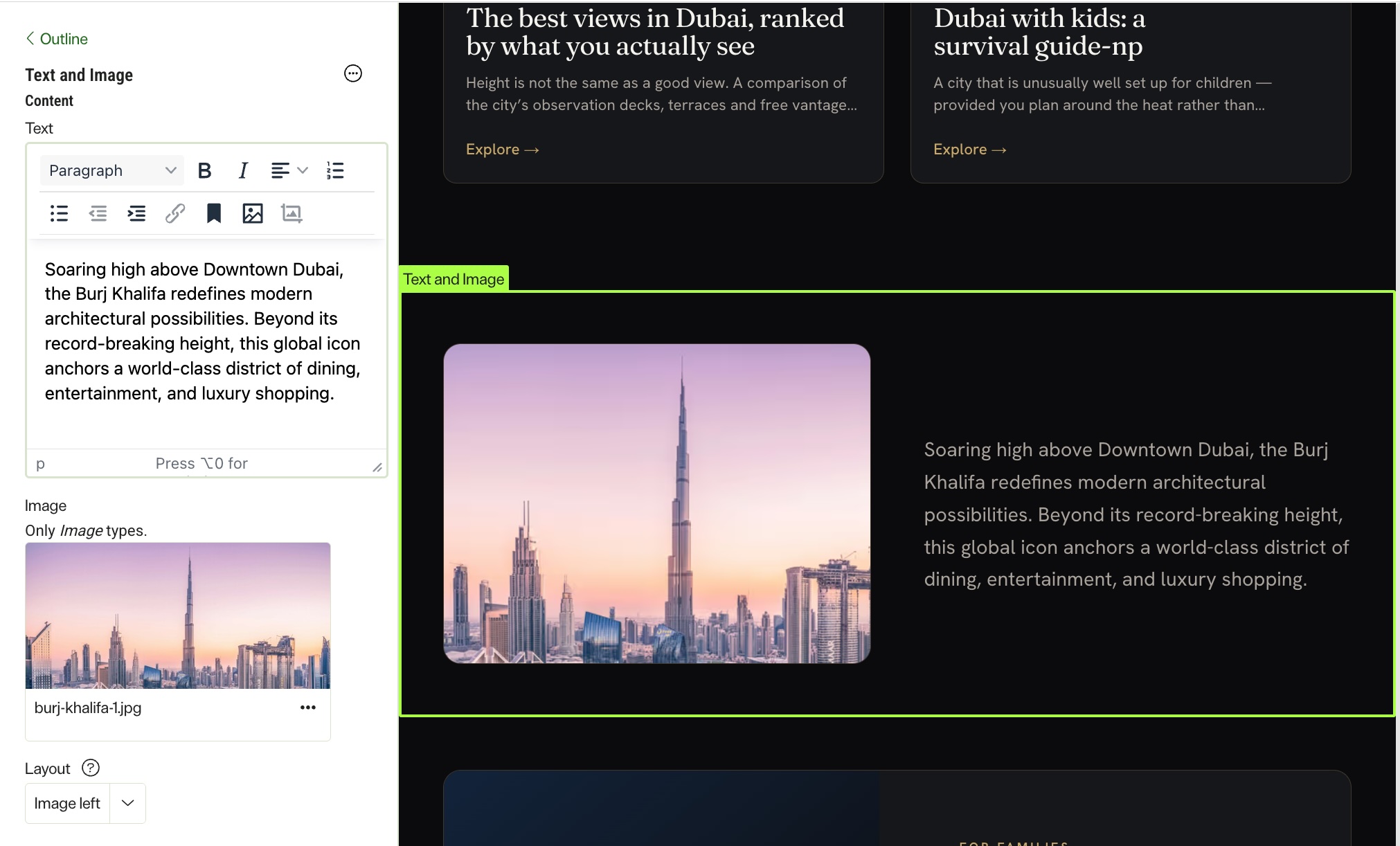 Optimizely CMS block editor showing the Text and Image component with a Layout dropdown set to Image right or Image left, and a Callout component with a Tone dropdown for Info, Success, Warning, or Neutral